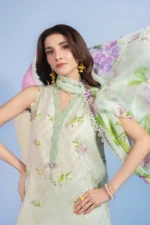 Pakistani summer lawn suit in light green with floral print and chiffon dupatta in UK