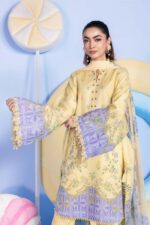 Maria B M Basics Spring Summer Unstitched Lawn-1a Butter Yellow 3-piece embroidered & printed lawn suit UK, sleeves and shirt closeup