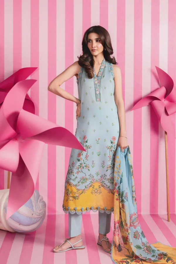 Maria B M Basics Spring Summer Unstitched Lawn-1b Light Blue 3-piece embroidered & printed lawn suit UK