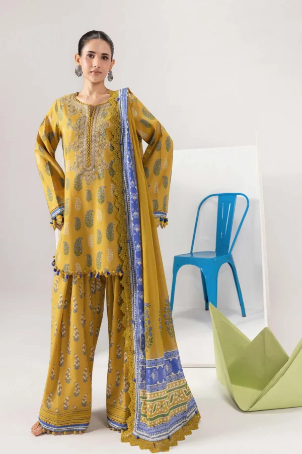 M Basics Spring Summer Unstitched Lawn-5b mustard printed lawn suit with cambric trouser 3 piece Maria B
