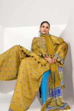 M Basics Spring Summer Unstitched Lawn-5b mustard printed lawn suit with cambric trouser 3 piece Maria B, front close look