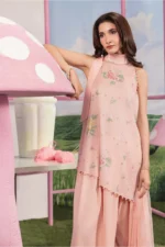 M Basics Spring Summer Unstitched Lawn-8a peach embroidered printed lawn suit Maria B 3 piece UK, close look