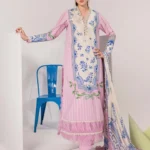 Maria B M Basics Spring Summer Unstitched Lawn-9b Off-White & Pink 3-piece embroidered & printed lawn suit UK