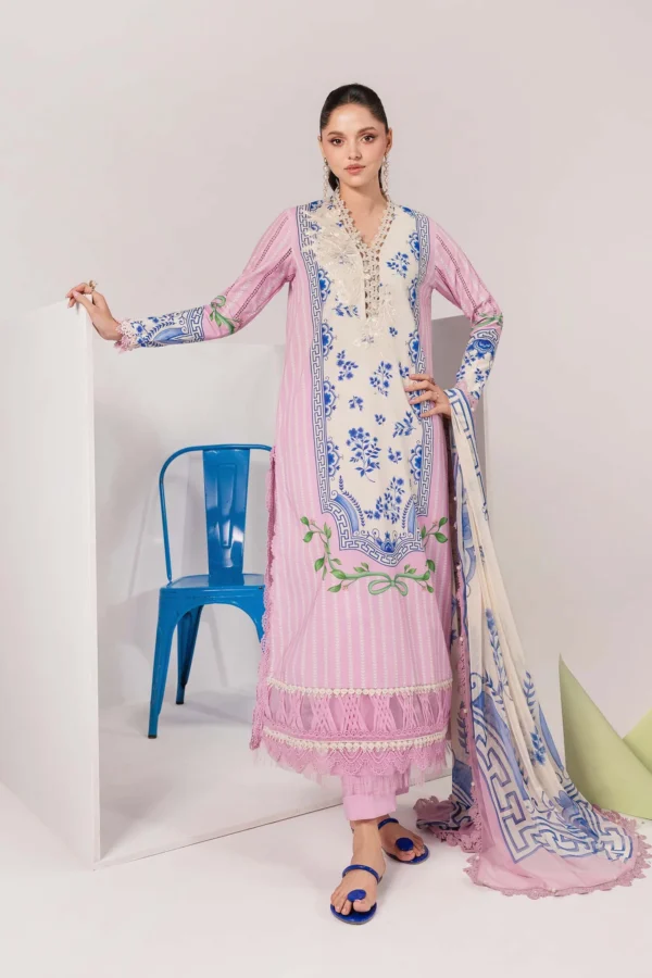 Maria B M Basics Spring Summer Unstitched Lawn-9b Off-White & Pink 3-piece embroidered & printed lawn suit UK