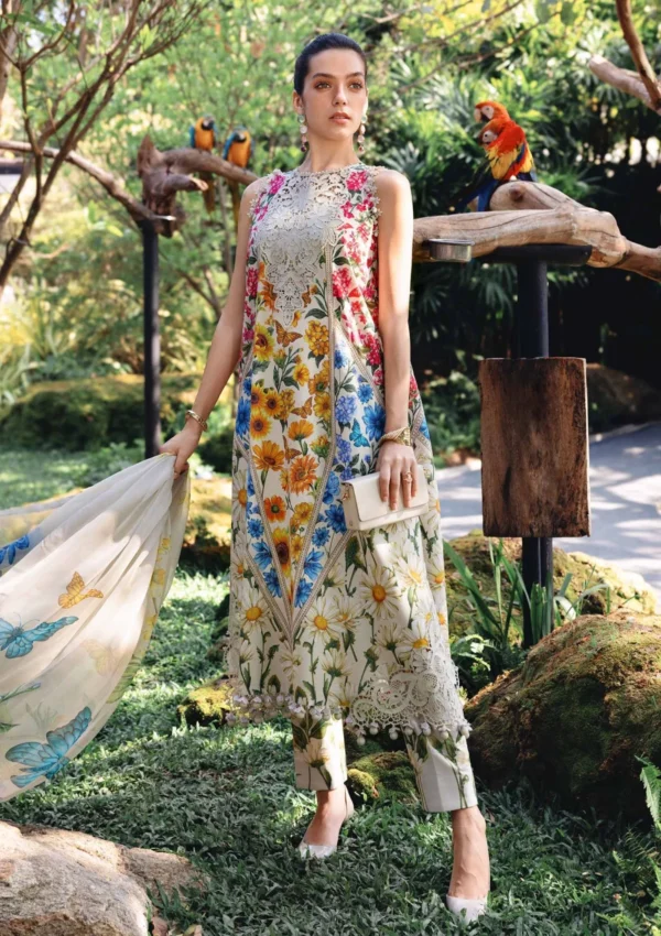 M.Prints Spring Summer Unstitched Lawn ’26-10A yellow multi embroidered lawn suit with chiffon dupatta