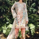 M.Prints Spring Summer Unstitched Lawn ’26-10B white peach embroidered lawn suit with chiffon dupatta