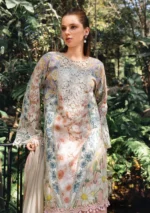 M.Prints Spring Summer Unstitched Lawn ’26-10B white peach embroidered lawn suit with chiffon dupatta, front