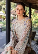 M.Prints Spring Summer Unstitched Lawn ’26-10B white peach embroidered lawn suit with chiffon dupatta, neck design