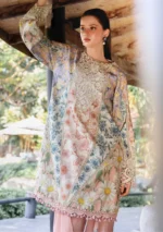M.Prints Spring Summer Unstitched Lawn ’26-10B white peach embroidered lawn suit with chiffon dupatta, front shirt closeup