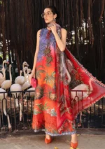 M.Prints Spring Summer Unstitched Lawn ’26-7B red embroidered lawn suit with chiffon dupatta