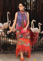 M.Prints Spring Summer Unstitched Lawn ’26-7B red embroidered lawn suit with chiffon dupatta, full front