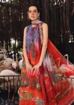 M.Prints Spring Summer Unstitched Lawn ’26-7B red embroidered lawn suit with chiffon dupatta, shirt closeup