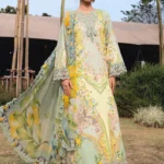 M.Prints Spring Summer Unstitched Lawn ‘26-8B pistachio green embroidered lawn suit with chiffon dupatta