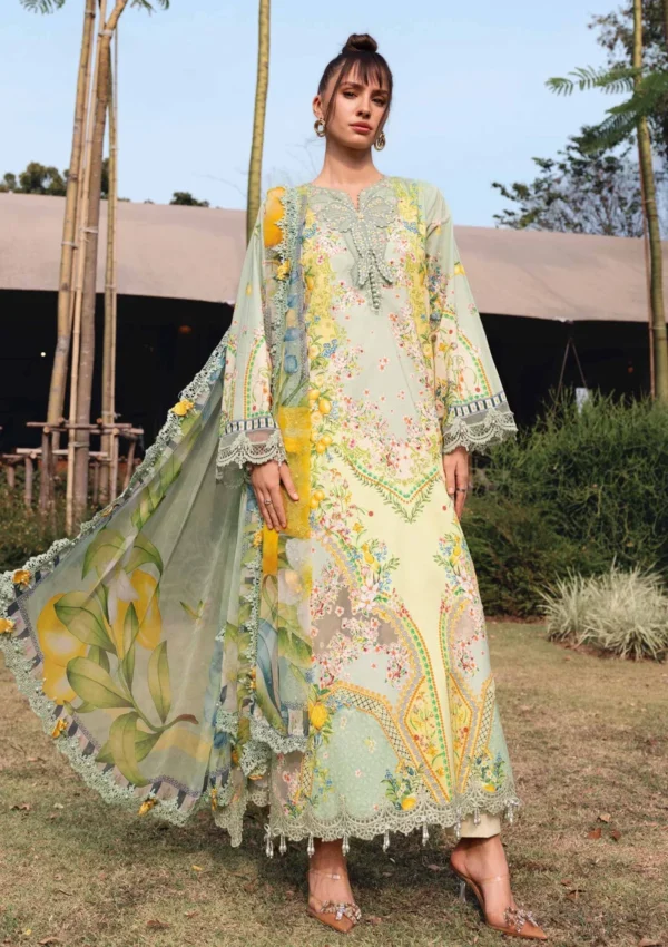 M.Prints Spring Summer Unstitched Lawn ‘26-8B pistachio green embroidered lawn suit with chiffon dupatta