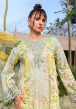 M.Prints Spring Summer Unstitched Lawn ‘26-8B pistachio green embroidered lawn suit with chiffon dupatta, neck design