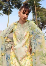 M.Prints Spring Summer Unstitched Lawn ‘26-8B pistachio green embroidered lawn suit with chiffon dupatta, front shirt
