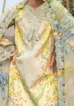 M.Prints Spring Summer Unstitched Lawn ‘26-8B pistachio green embroidered lawn suit with chiffon dupatta, neck and dupatta design