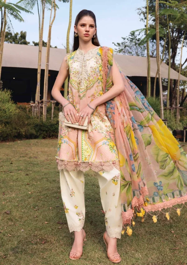 Maria.B M.Prints Spring Unstitched Summer Lawn ’26-8A lemon yellow embroidered lawn suit with chiffon dupatta