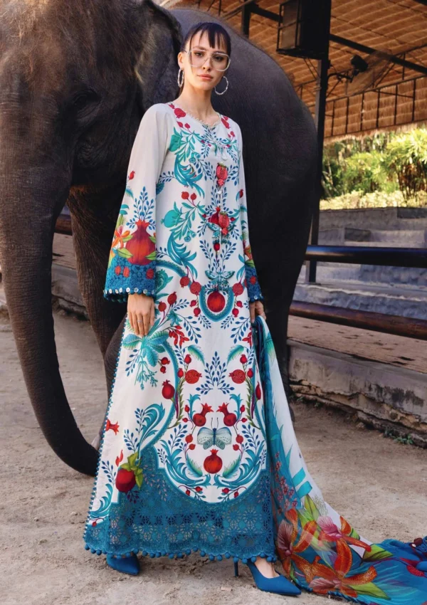 Maria B M.Prints Spring Summer Lawn ’26-12A off-white unstitched embroidered lawn suit with chiffon dupatta and plain dyed trouser