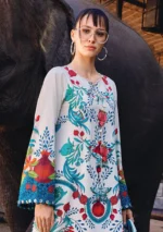 Maria B M.Prints Spring Summer Lawn ’26-12A off-white unstitched embroidered lawn suit with chiffon dupatta and plain dyed trouser, front shirt