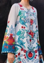 Maria B M.Prints Spring Summer Lawn ’26-12A off-white unstitched embroidered lawn suit with chiffon dupatta and plain dyed trouser, shirt closeup