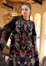 Maria B M.Prints Spring Summer Lawn ’26-12B black unstitched embroidered lawn suit with chiffon dupatta and plain dyed trouser, shirt closeup