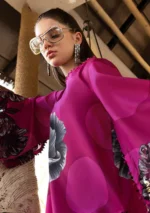 Maria B M.Prints Spring Summer Lawn ’26-13B pink unstitched embroidered printed lawn shirt with dyed cambric trouser and printed chiffon dupatta, side closeup