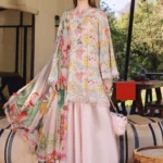 Maria B M.Prints Spring Summer Lawn ’26-14A peach unstitched embroidered printed lawn shirt with dyed cambric trouser and printed chiffon dupatta