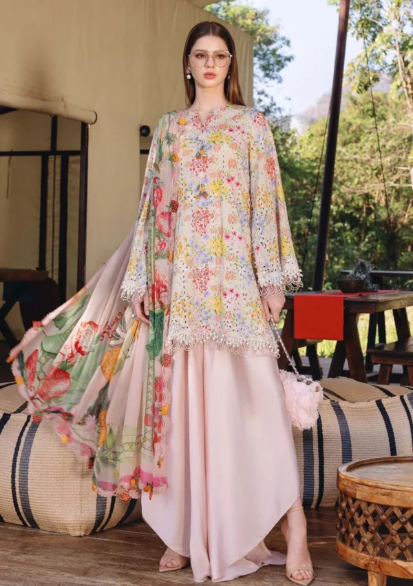 Maria B M.Prints Spring Summer Lawn ’26-14A peach unstitched embroidered printed lawn shirt with dyed cambric trouser and printed chiffon dupatta