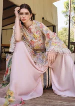 Maria B M.Prints Spring Summer Lawn ’26-14A peach unstitched embroidered printed lawn shirt with dyed cambric trouser and printed chiffon dupatta, close look