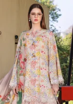 Maria B M.Prints Spring Summer Lawn ’26-14A peach unstitched embroidered printed lawn shirt with dyed cambric trouser and printed chiffon dupatta, front shirt