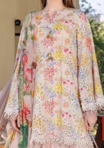 Maria B M.Prints Spring Summer Lawn ’26-14A peach unstitched embroidered printed lawn shirt with dyed cambric trouser and printed chiffon dupatta, shirt closeup