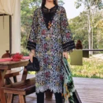 Maria B M.Prints Spring Summer Lawn ’26-14B black unstitched embroidered printed lawn shirt with dyed cambric trouser and printed chiffon dupatta