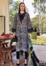 Maria B M.Prints Spring Summer Lawn ’26-14B black unstitched embroidered printed lawn shirt with dyed cambric trouser and printed chiffon dupatta
