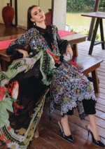 Maria B M.Prints Spring Summer Lawn ’26-14B black unstitched embroidered printed lawn shirt with dyed cambric trouser and printed chiffon dupatta, front