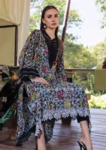 Maria B M.Prints Spring Summer Lawn ’26-14B black unstitched embroidered printed lawn shirt with dyed cambric trouser and printed chiffon dupatta, closeup