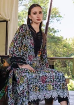 Maria B M.Prints Spring Summer Lawn ’26-14B black unstitched embroidered printed lawn shirt with dyed cambric trouser and printed chiffon dupatta, shirt close look