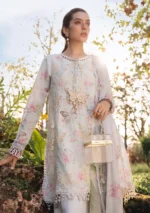 Maria B M.Prints Spring Summer Lawn ’26-1A lilac embroidered unstitched lawn suit with printed chiffon dupatta and cambric trouser, front shirt