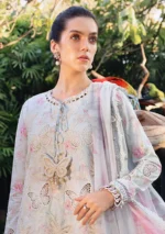Maria B M.Prints Spring Summer Lawn ’26-1A lilac embroidered unstitched lawn suit with printed chiffon dupatta and cambric trouser, shirt closeup