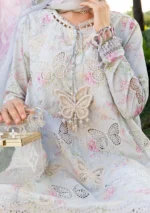 Maria B M.Prints Spring Summer Lawn ’26-1A lilac embroidered unstitched lawn suit with printed chiffon dupatta and cambric trouser, sleeves and neck closeup