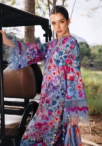 Maria B M.Prints Spring Summer Lawn ’26-2B blue unstitched embroidered lawn suit with printed cambric trouser and chiffon dupatta, side look