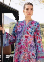 Maria B M.Prints Spring Summer Lawn ’26-2B blue unstitched embroidered lawn suit with printed cambric trouser and chiffon dupatta, shirt closeup