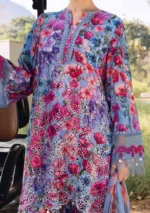 Maria B M.Prints Spring Summer Lawn ’26-2B blue unstitched embroidered lawn suit with printed cambric trouser and chiffon dupatta, front shirt