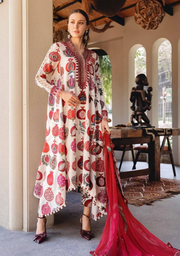 Maria B M.Prints Spring Summer Lawn ’26-3A off-white unstitched embroidered lawn suit with printed cambric trouser and chiffon dupatta