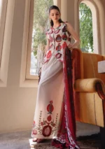 Maria B M.Prints Spring Summer Lawn ’26-3A off-white unstitched embroidered lawn suit with printed cambric trouser and chiffon dupatta, front look