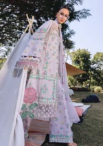 Maria B M.Prints Spring Summer Lawn ’26-4A lilac unstitched embroidered lawn suit with printed cambric trouser and chiffon dupatta, side look