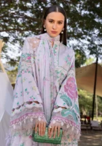 Maria B M.Prints Spring Summer Lawn ’26-4A lilac unstitched embroidered lawn suit with printed cambric trouser and chiffon dupatta, front shirt closeup