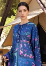 Maria B M.Prints Spring Summer Lawn ’26-4B blue unstitched embroidered lawn suit with printed cambric trouser and chiffon dupatta, shirt closeup