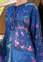 Maria B M.Prints Spring Summer Lawn ’26-4B blue unstitched embroidered lawn suit with printed cambric trouser and chiffon dupatta, neck design
