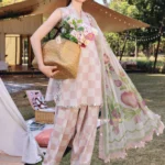 Maria B M.Prints Spring Summer Lawn ’26-6A off-white and pink unstitched embroidered printed lawn shirt with Ghera R+L patches, cambric trouser, and printed chiffon dupatta